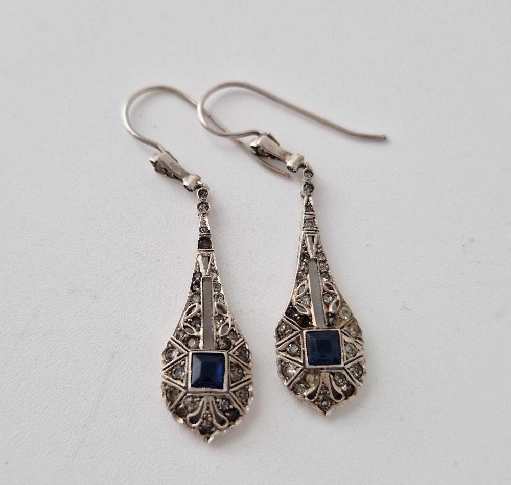 A pair of Antique silver blue and white paste drop earrings