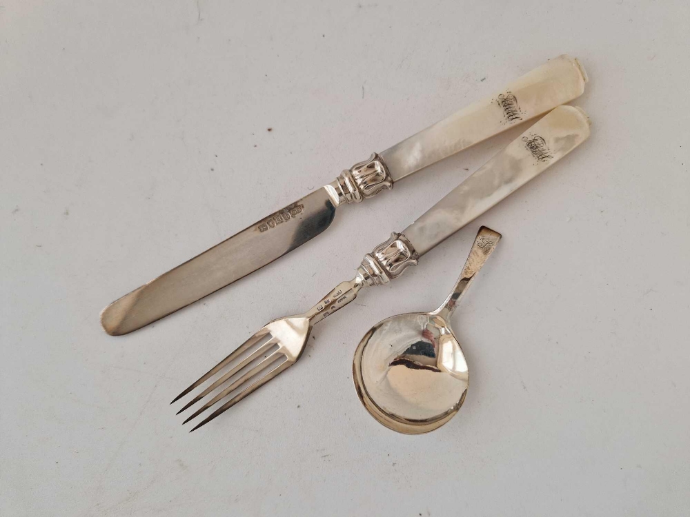 A Georgian M.O.P handled knife and fork, a caddy spoon with circular bowl