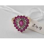 Heart shaped ruby and diamond ring 9ct Size L 3g