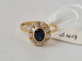 Large Victorian Sapphire, and Diamond cluster ring 18ct gold Size R 4g