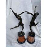 Pair of French bronze figures of dancing girls on marble bases. Signed B. Bach with Paris foundry