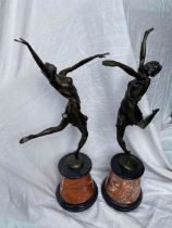 Pair of French bronze figures of dancing girls on marble bases. Signed B. Bach with Paris foundry