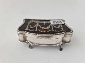 Attractive ring box with inset tortoiseshell cover, scroll feet. 4.5 in wide. Birmingham 1906