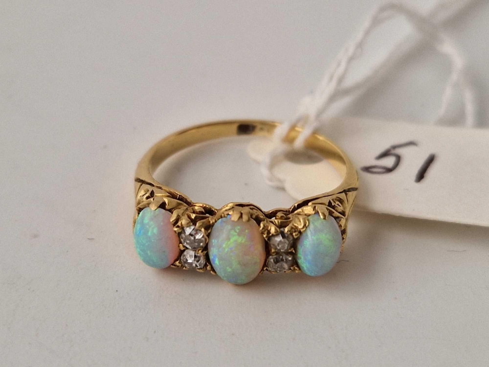 A VICTORIAN THREE STONE OPAL & DIAMOND ring in 18ct gold size K 3.2g boxed