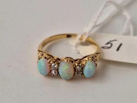 A VICTORIAN THREE STONE OPAL & DIAMOND ring in 18ct gold size K 3.2g boxed