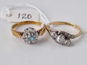 A THREE STONE CROSSOVER RING SIZE O A CLUSTER RING SIZE M BOTH 18CT GOLD 6.2g inc