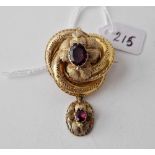 Antique Victorian 15ct brooch with pendant drop set with almandine garnets