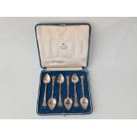 A good set of six Arts and Crafts style spoons with crown finials, 1928 By RE Stone in Aspreys box