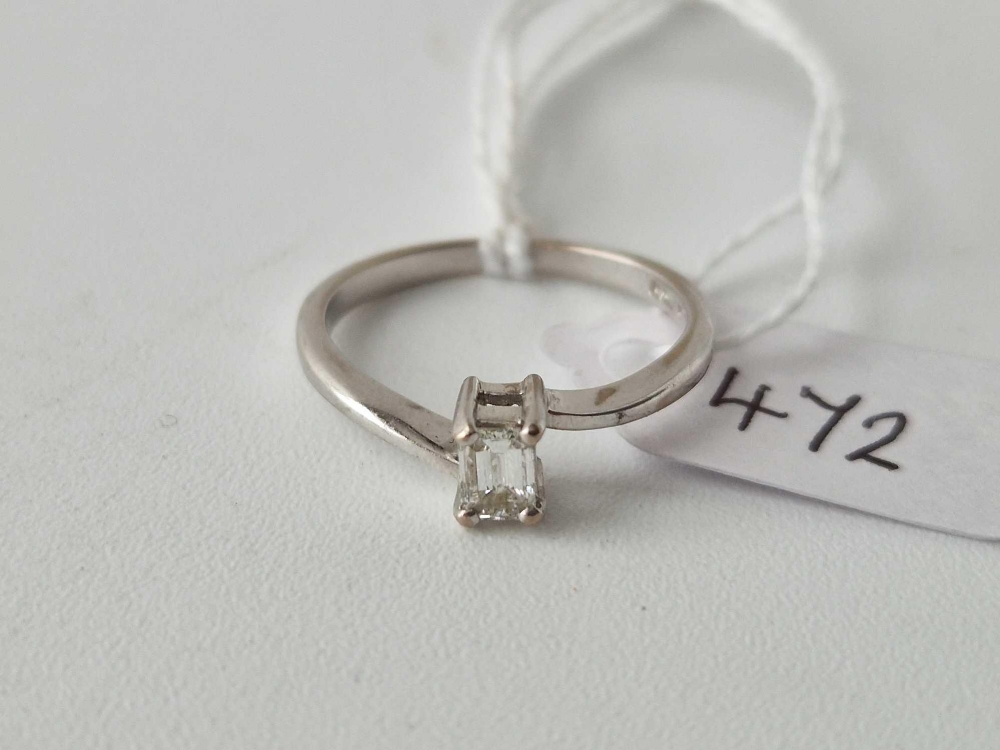 18ct white gold, hallmarked single stone baguette diamond ring, diamond weighs 0.34cts, size N, 2.