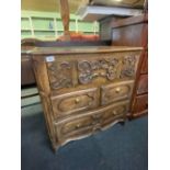 Early small continental oak chest with lift up top and three drawers under 33 in wide