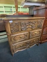 Early small continental oak chest with lift up top and three drawers under 33 in wide