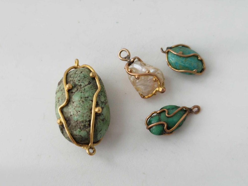 Four gold mounted drops with matrix turquoise etc
