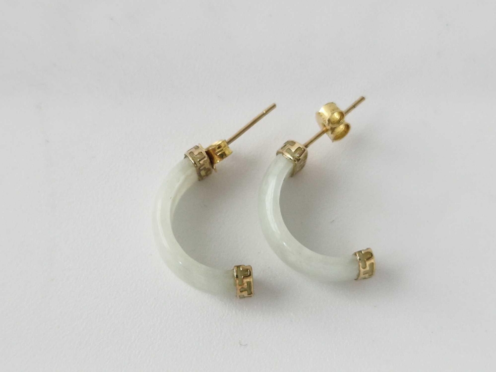 A pair of white jade half hoop 9ct earrings - Image 2 of 2