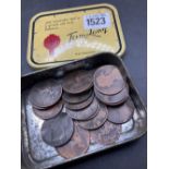 Tin containing 32 Victorian pennies