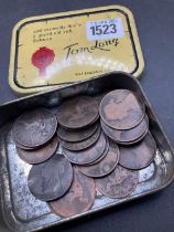 Tin containing 32 Victorian pennies