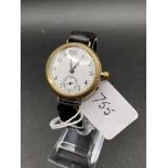 A VERY GOOD LADIES WRIST WATCH 18CT GOLD WITH SECONDS DIAL ON LEATHER STRAP 33 GMS