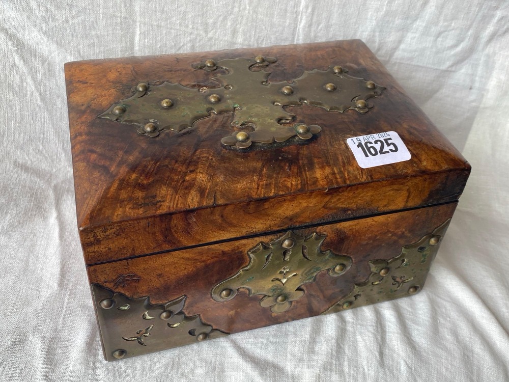 Victorian walnut box with brass strapwork 8.5 in wide