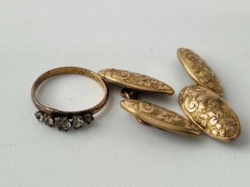 A antique five stone ring and a pair of gilt cufflinks