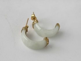 A pair of white jade half hoop 9ct earrings