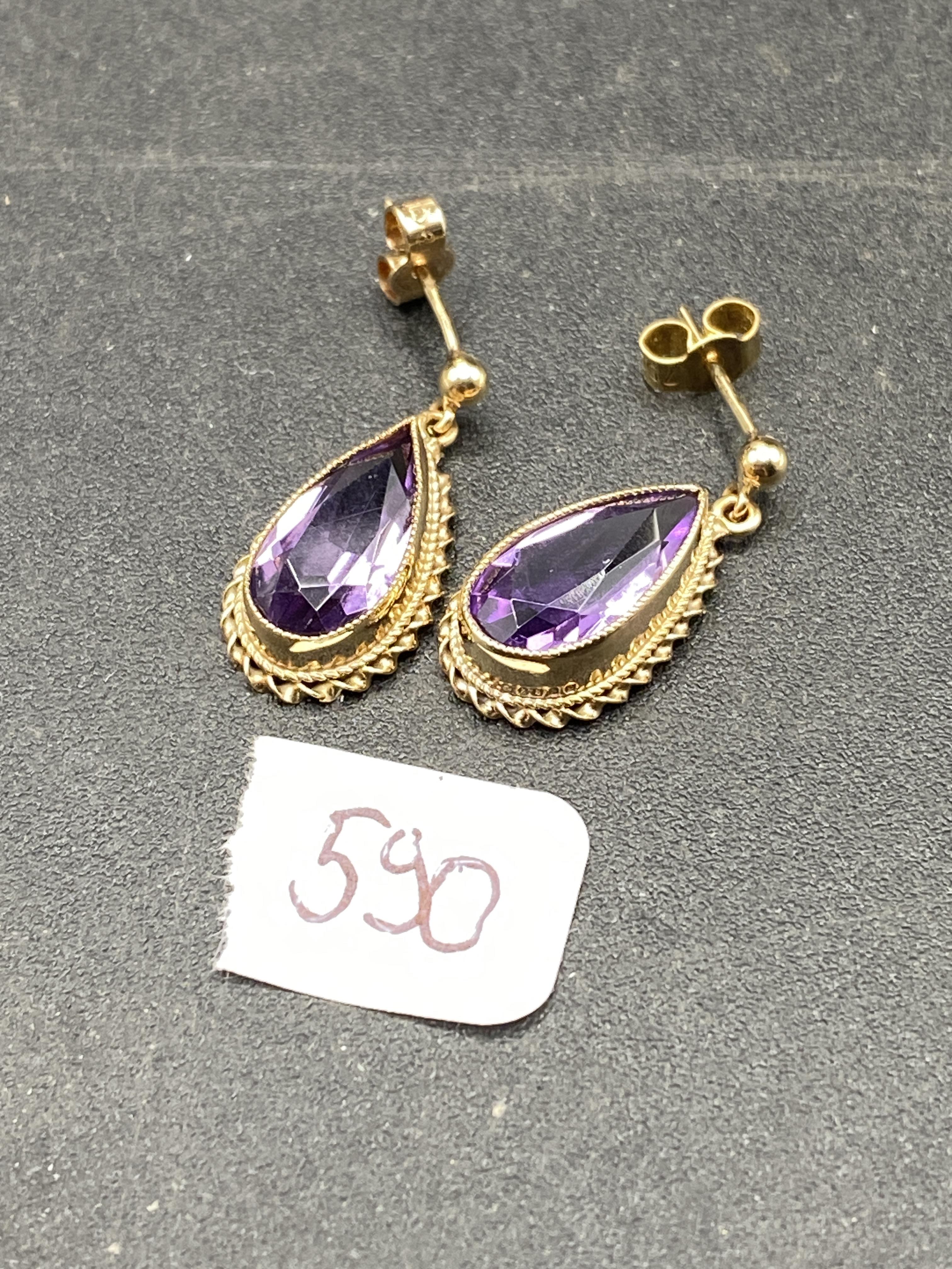 A pair of amethyst drop earrings, 9ct, 3.8 g - Image 2 of 3