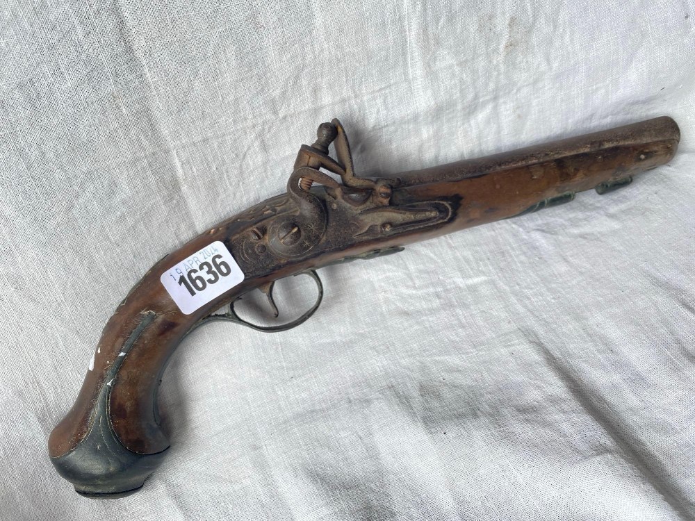 18th C Flintlock pistol with brass mounts 14 in long