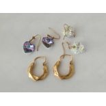 Two pairs of crystal drop earrings and a pair of creole earrings, 9ct