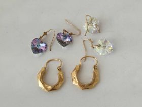 Two pairs of crystal drop earrings and a pair of creole earrings, 9ct