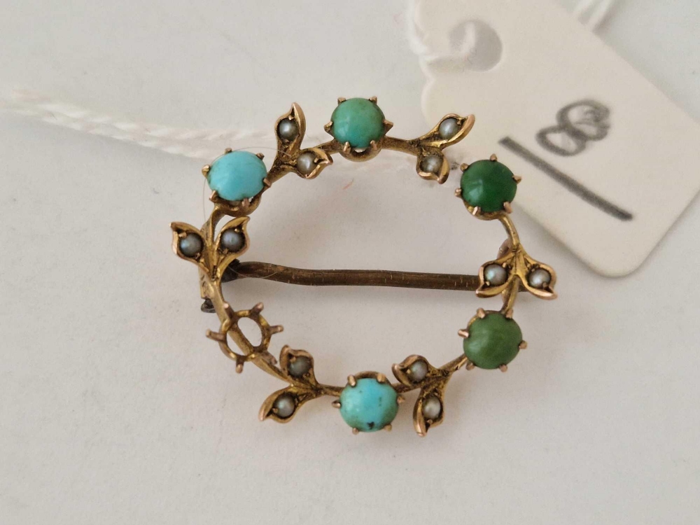 An antique turquoise and pearl brooch, 9ct (one stone missing)
