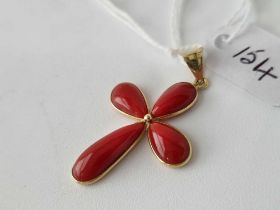 18ct gold marked coral set pendant designed as a cross