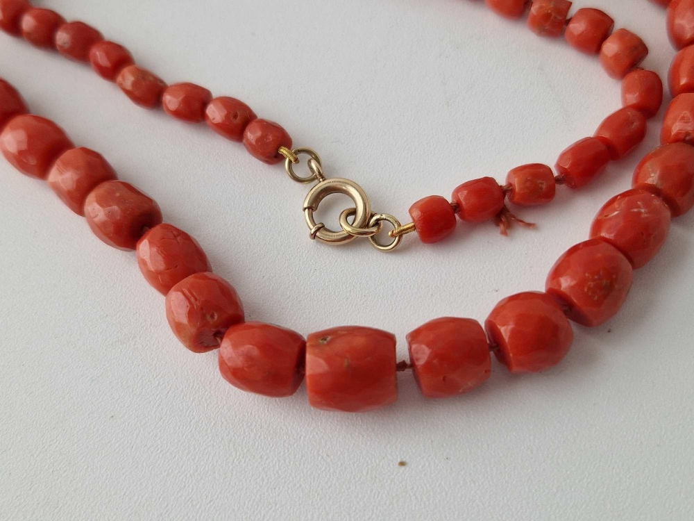 Antique Victorian faceted coral bead necklace, 45g, 23.5" Gold bolt ring clasp, largest bead 10mm D - Image 2 of 2