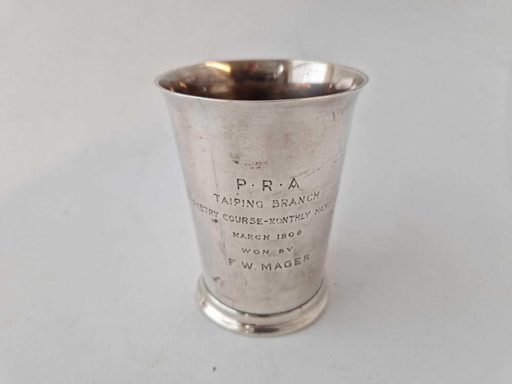 A beaker with turnover rim, 4" high, Birmingham 1907 by Elkington, 120g