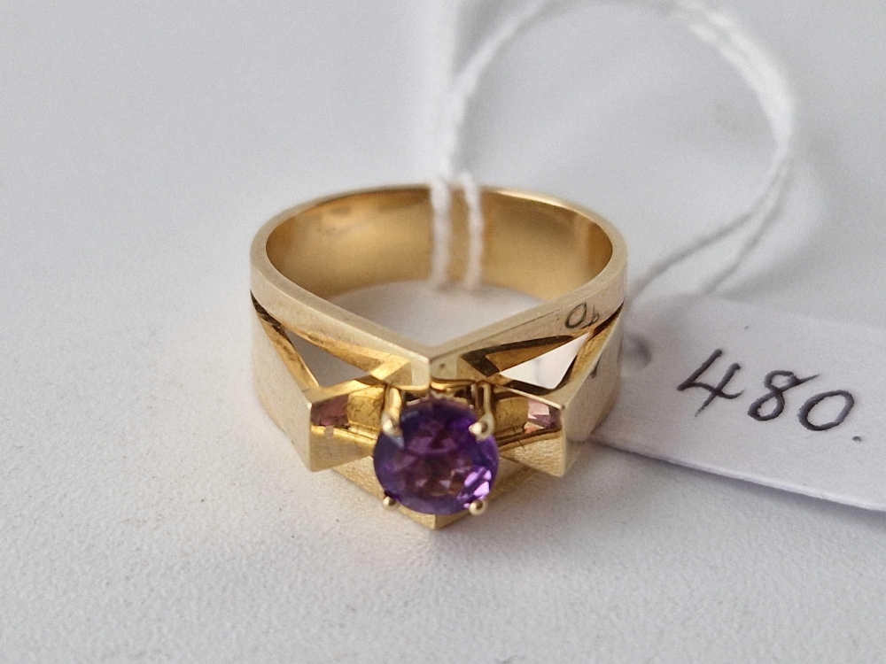 14ct yellow gold 1960s 70s abstract ring set with an amethyst, signed Br.J, size N, 6.7g