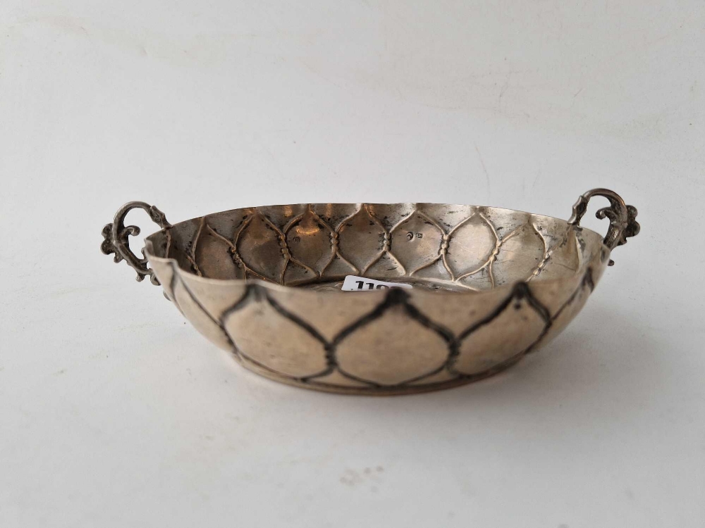 Antique continental SILVER Bowl Poss German Wine Taster c.1680 scroll handles 8" wide. By S H 180g - Image 2 of 3