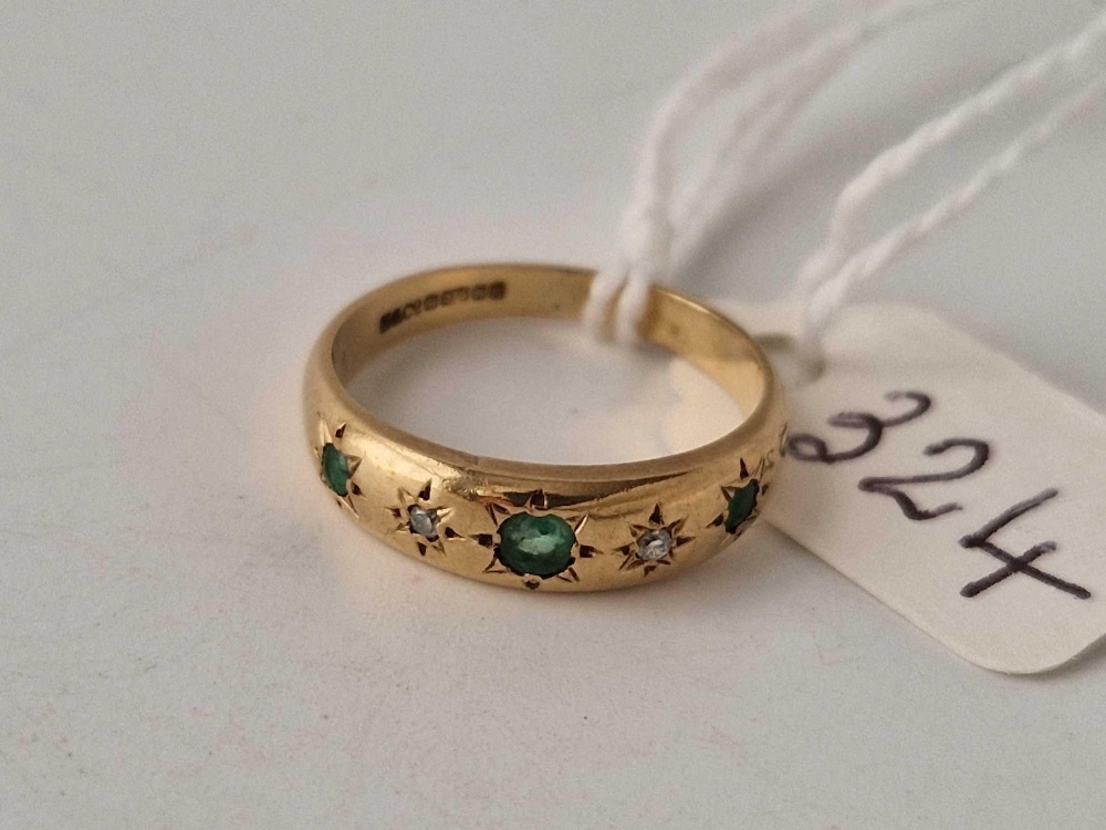 A gypsy set ring with emeralds and diamonds, 9ct, size L, 2.3 g