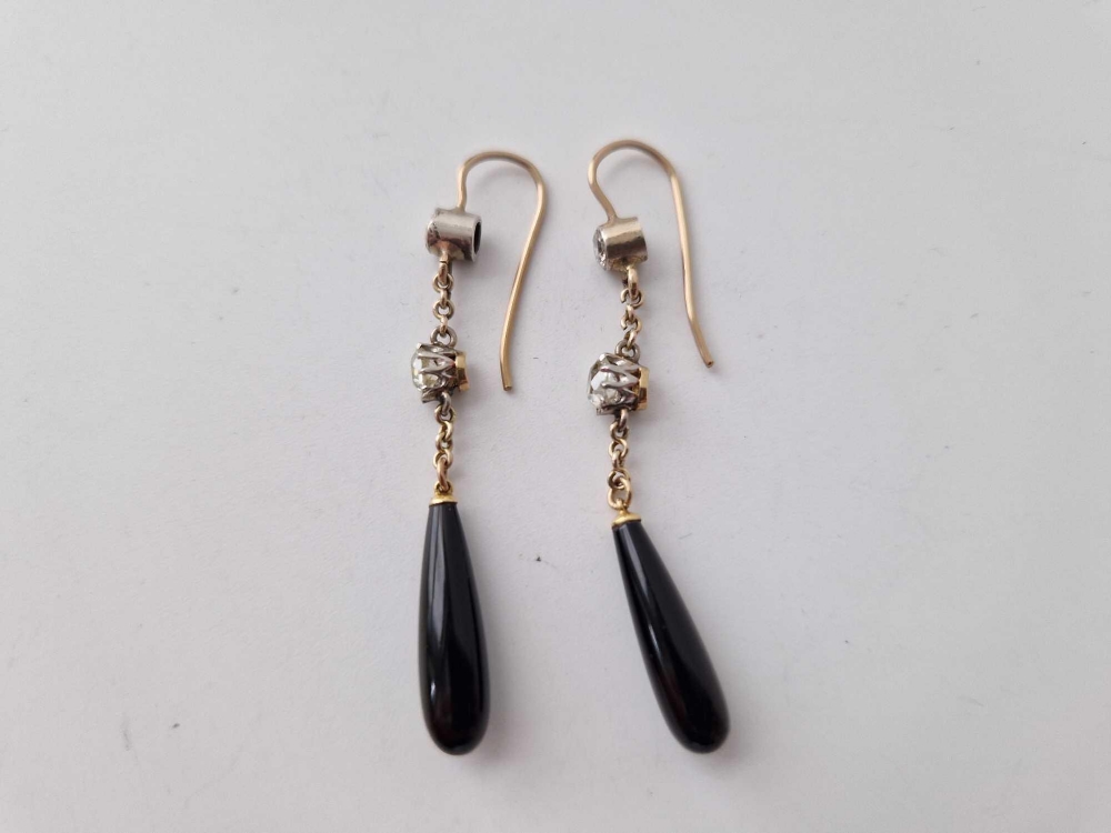A PAIR VICTORIAN GOLD, DIAMOND & ONYX DROP EARRINGS BOXED - Image 4 of 4