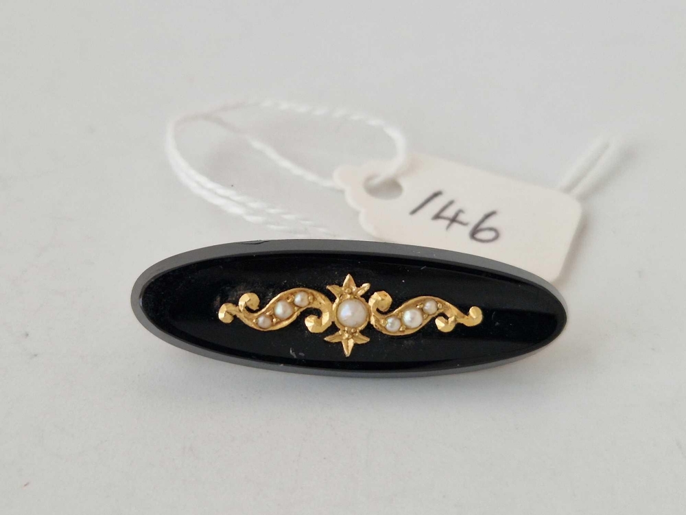 Victorian pearl and onyx brooch high ct gold front