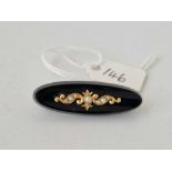 Victorian pearl and onyx brooch high ct gold front