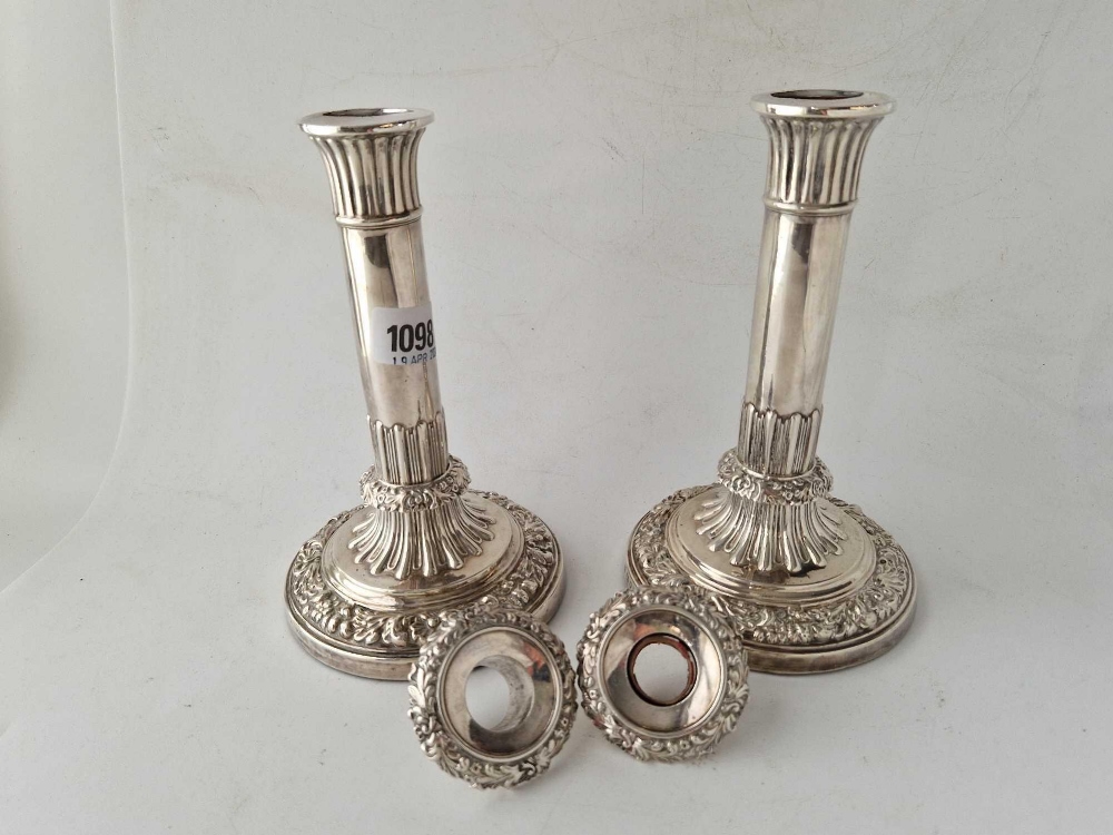 Pair of Georgian candlesticks with decorative stems, detachable nozzles. 8 in high. Sheffield 1840 - Image 2 of 2