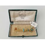 A VICTORIAN NOVELTY HIGH CARAT GOLD TURQUOISE set key brooch with hidden pencil 8.3g boxed