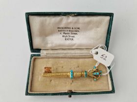 A VICTORIAN NOVELTY HIGH CARAT GOLD TURQUOISE set key brooch with hidden pencil 8.3g boxed