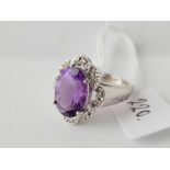 14ct hallmarked white gold amethyst and diamond fancy cluster ring, size O, 6.2g