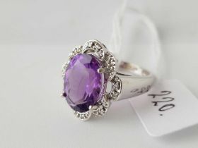 14ct hallmarked white gold amethyst and diamond fancy cluster ring, size O, 6.2g