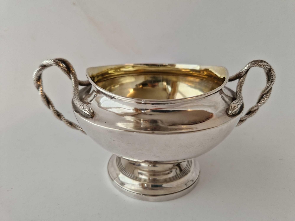Good quality Georgian bowl with snake handles and spreading foot. 7 in over handle. London 1802 By S - Image 3 of 4