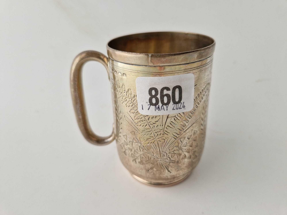 An Exeter Victorian mug engraved with ferns, vacant cartouche, 4" high, 1876 by JW & Co, 165g