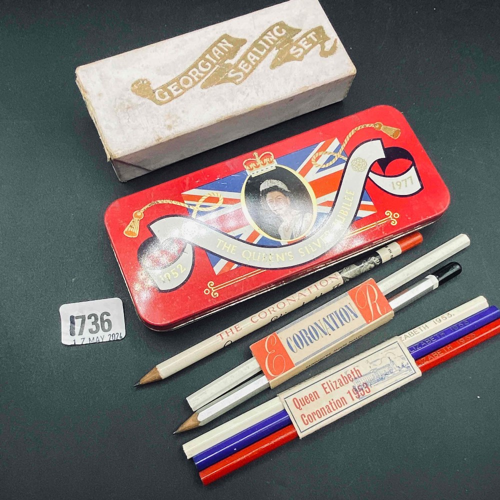 Tin of unused pencils and a sealing wax set