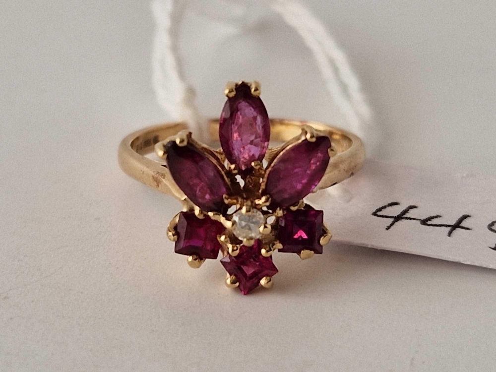 A attractive ruby and tourmaline floral and diamond ring 9ct size N - 3 gms