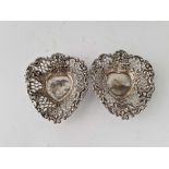 A pair of small heart shaped embossed dishes, 3.5 inches wide, Birmingham 1897, 31 g