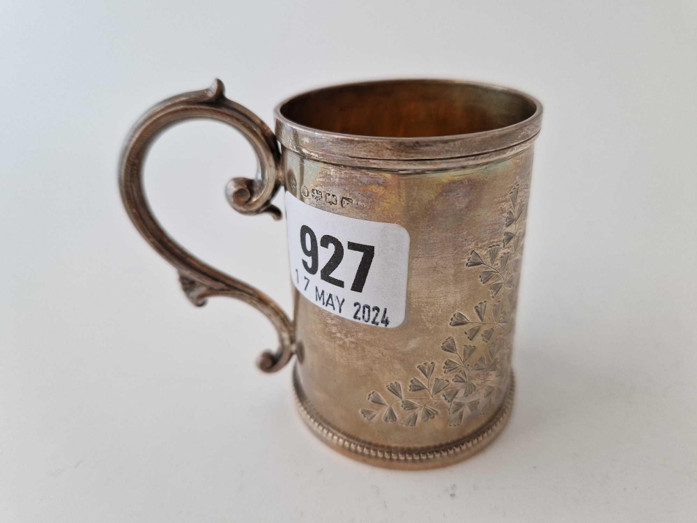 An Exeter silver christening mug, engraved with ferns, leaf capped handle, 3 inches high, 1877 by JW