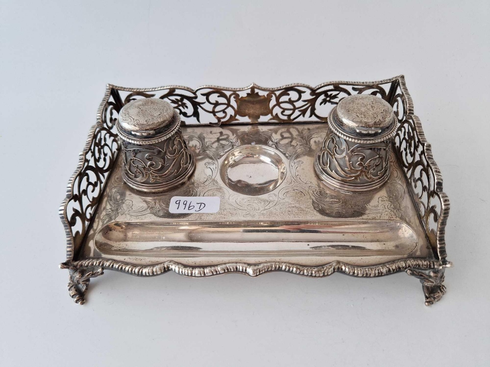 Victorian ink stand with two pierced ink pots and gallery sides. 8.5 in wide