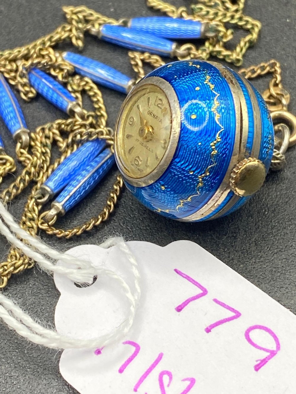 A silver and enamel ball watch by ORNATA with neck chain - Image 2 of 2